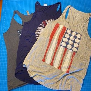 3 total - women’s slouchy tank tops.  Baseball / flag theme.  Large size.